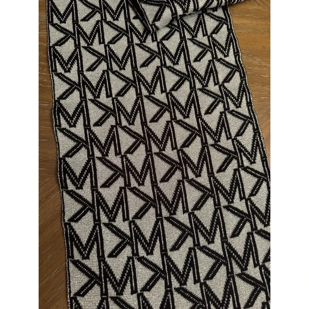 Michael Kors 62” Knit Scarf Black Silver Reversible MK Logo Monogram New $58